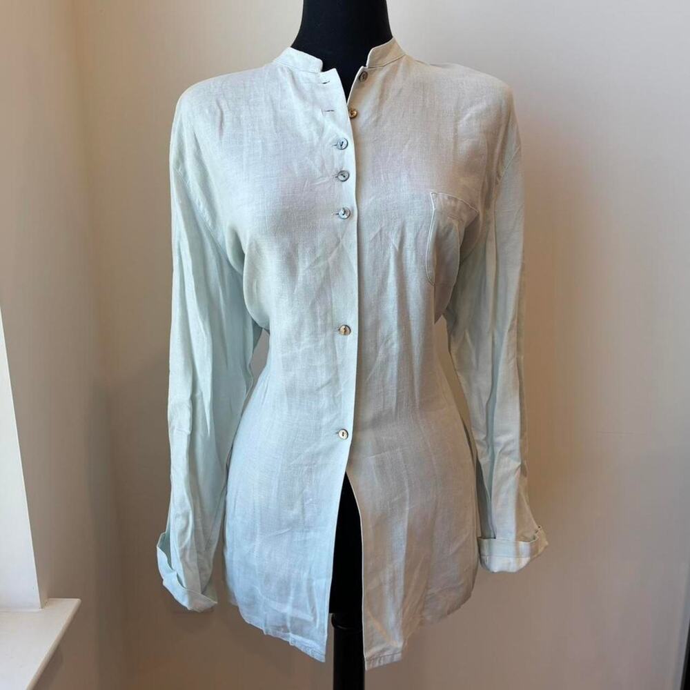 J. Jill 100% Linen Light Blue Button Up Collared Long Sleeve Blouse Sz XL